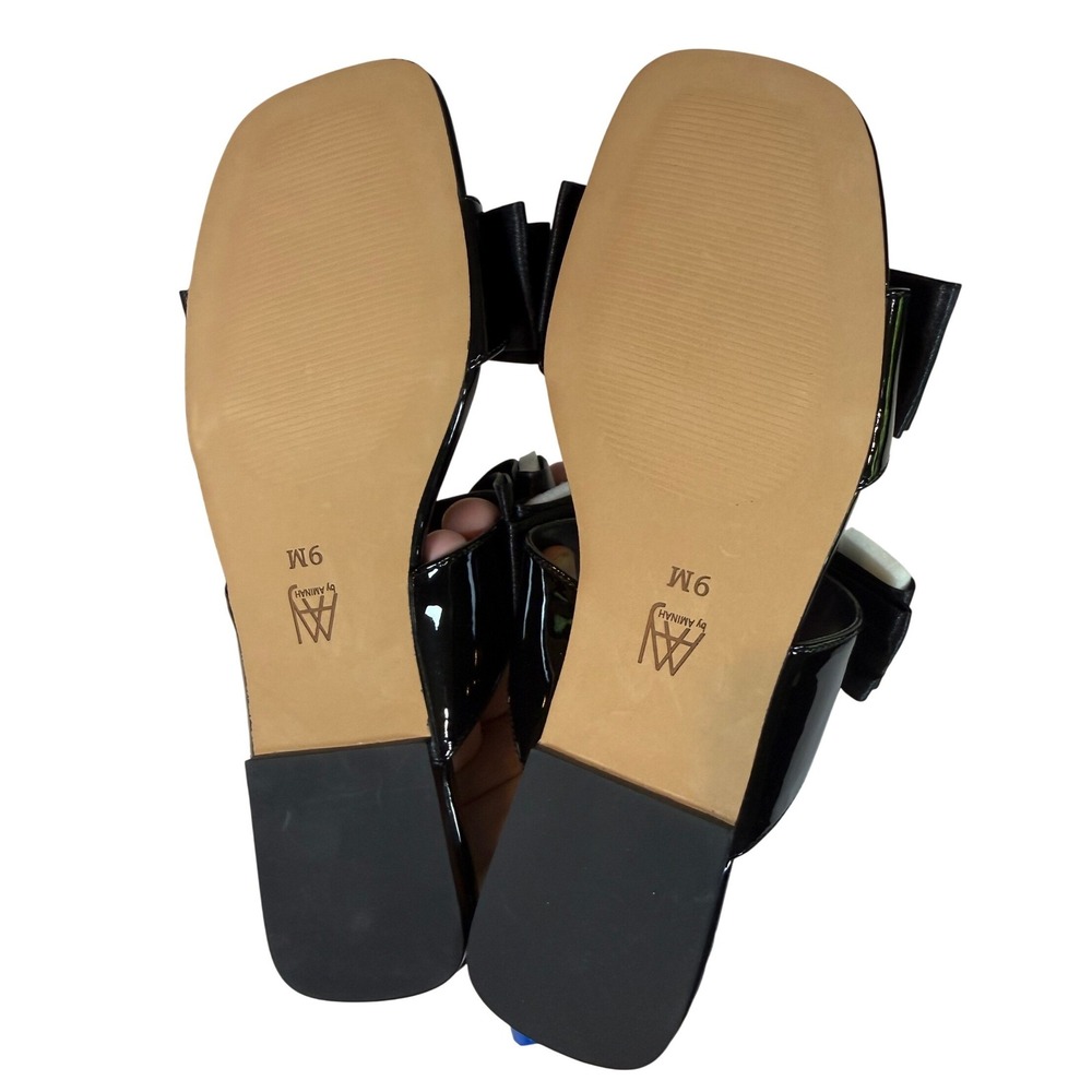 Aminah Abdul Jillil Jody Bow Flat Sandals Black Patent Leather Square Toe 9 NWB9 - Picture 3 of 7